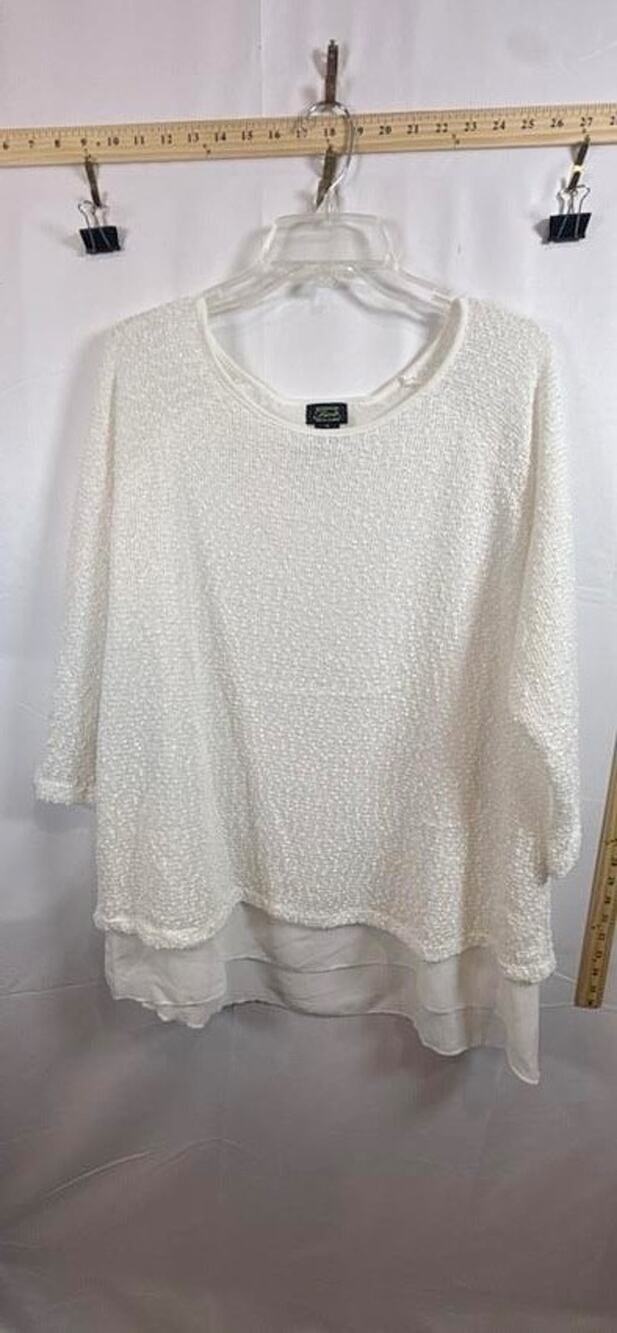 Shannon Ford New York Top 1X Cream Textured Knit Layered Chiffon Hem Blouse Shab